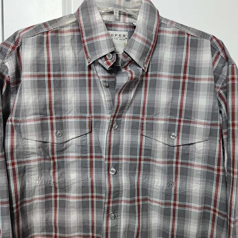Roper Western Shirt‎ Men's Medium Plaid Gray White Red Long Sleeve Flap Pockets